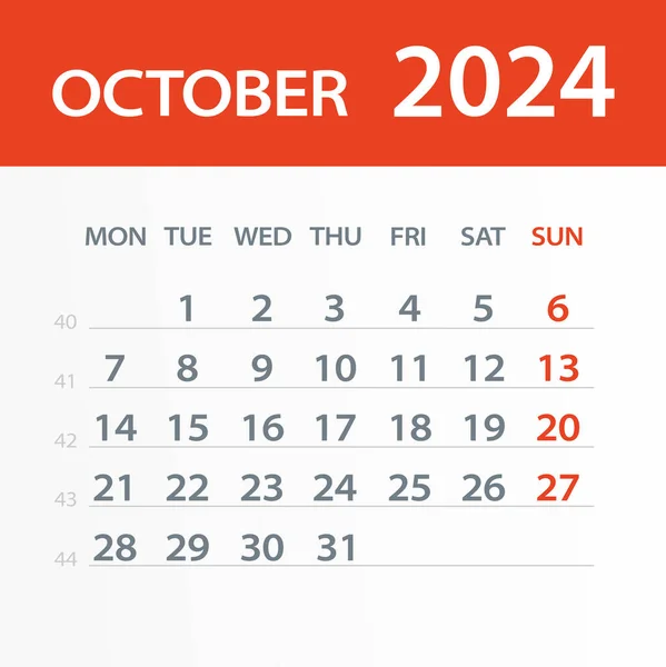 Octombrie 2024 Calendar Leaf Ilustrație Vectorială Săptămâna Începe Luni — Vector de stoc