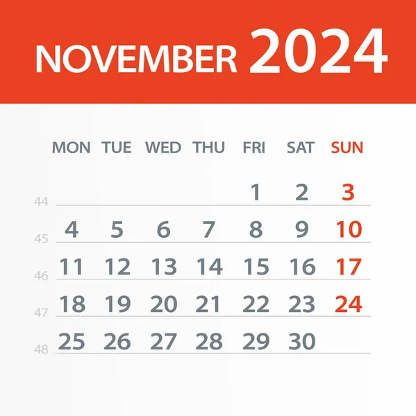 Noiembrie 2024 Calendar Leaf Vector Illustration Săptămâna Începe Luni — Vector de stoc