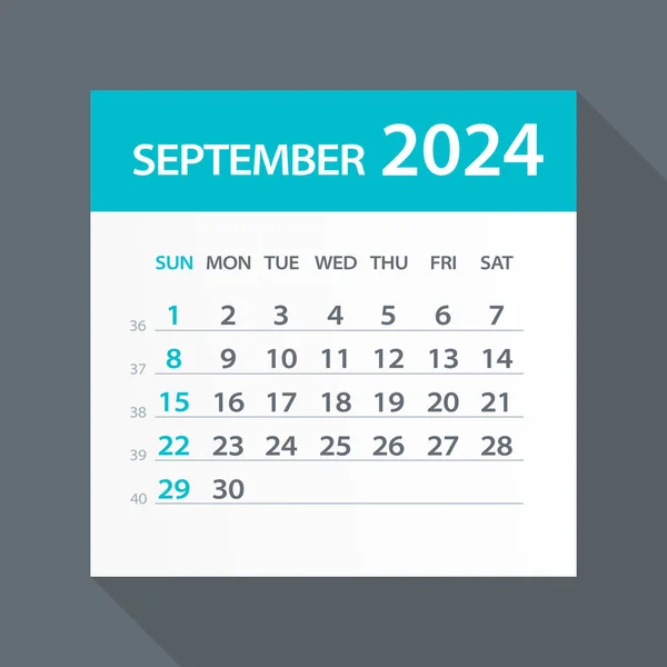 Septembrie 2024 Calendar Frunze Verzi Ilustrație Vectorială — Vector de stoc
