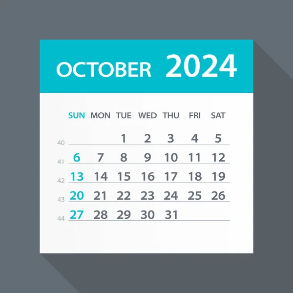 Octombrie 2024 Calendar Frunze Verzi Ilustrație Vectorială — Vector de stoc