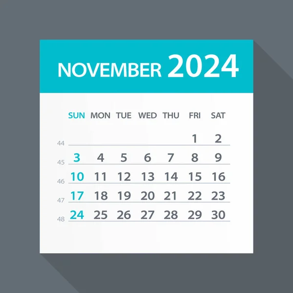 Noiembrie 2024 Calendar Frunze Verzi Ilustrație Vectorială — Vector de stoc