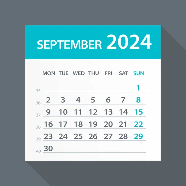 2024年8月カレンダー緑の葉 ベクトルイラスト 週は月曜日から始まる — ストックベクタ
