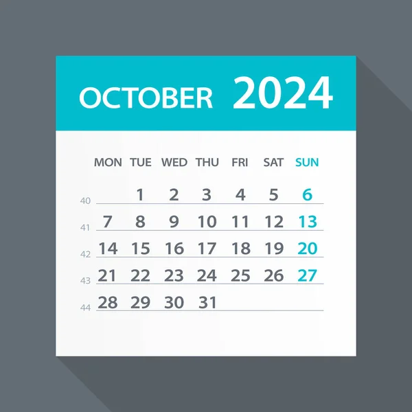 Octombrie 2024 Calendar Frunze Verzi Ilustrație Vectorială Săptămâna Începe Luni — Vector de stoc
