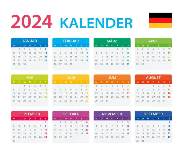 Wektorowy Szablon Koloru 2024 Kalendarz Wersja Niemiecka — Wektor stockowy