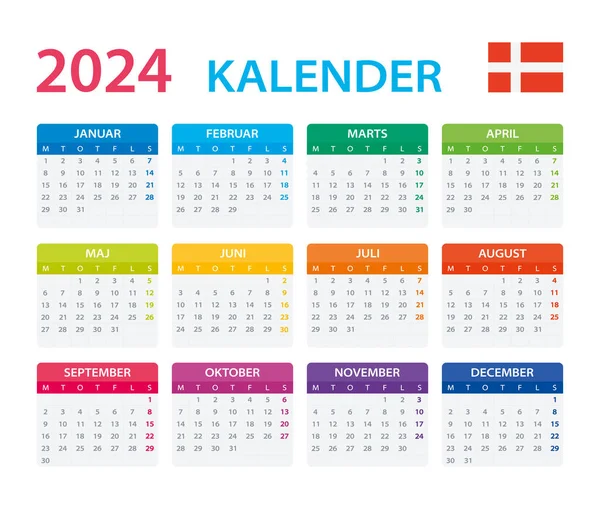 Vektorová Šablona Barevného Kalendáře 2024 Dánská Verze Stock Illustration — Stockový vektor