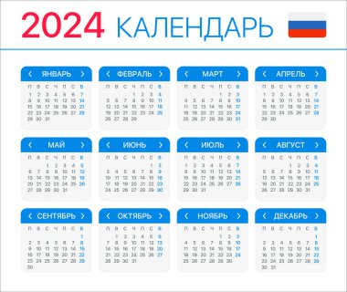 2024 Takvim - grafik şablon vektör çizimi - Rusça sürümü