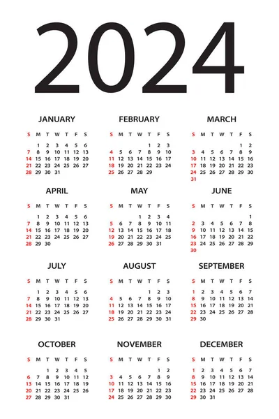 Ημερολόγιο 2024 Εικονογράφηση Εβδομάδα Αρχίζει Την Κυριακή — Διανυσματικό Αρχείο