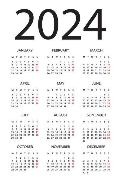 Kalender 2024 Illustratie Maandag Zondag — Stockvector