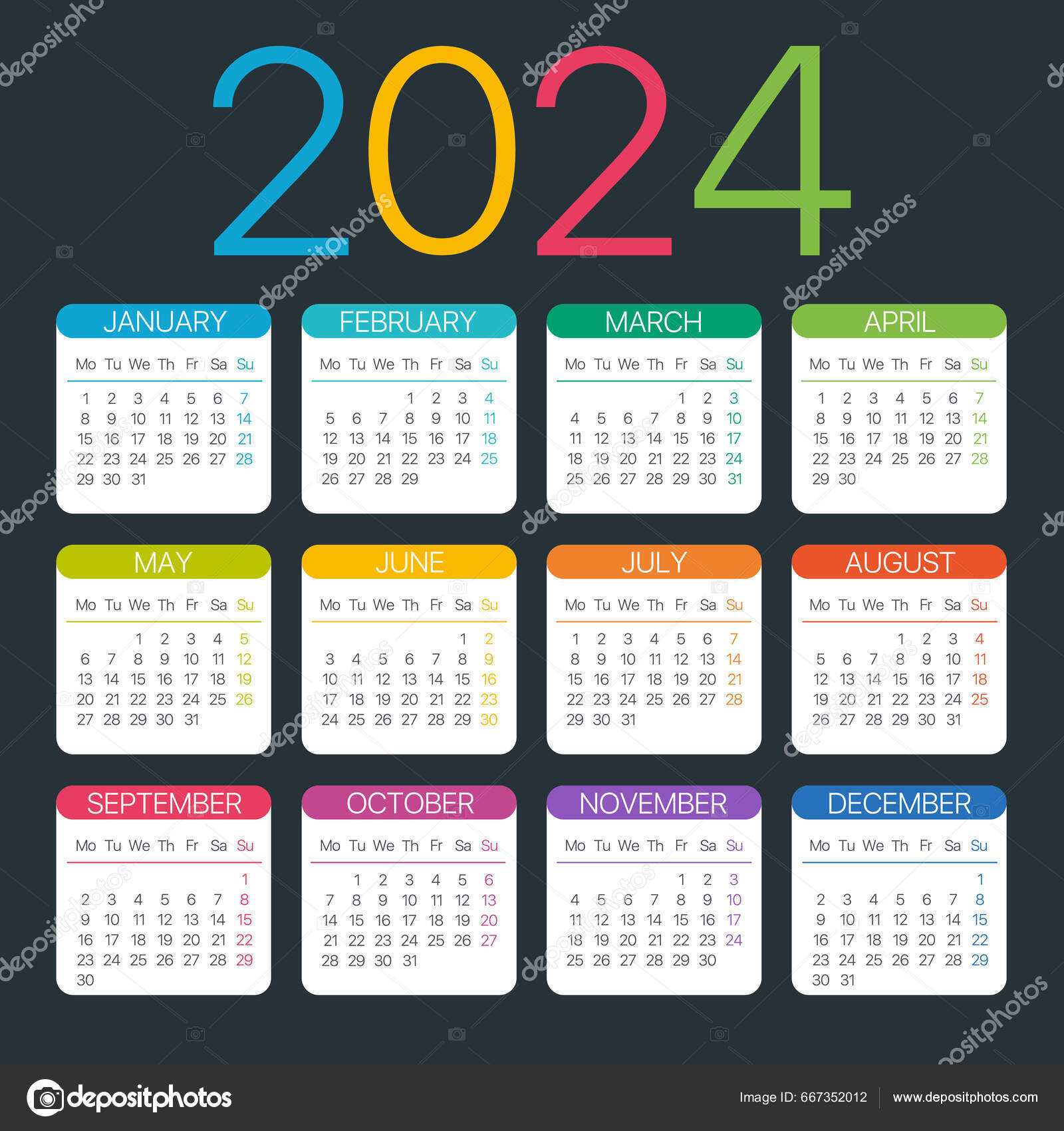2024 Calendar Vector Illustration Week Starts Monday Stock Vector by