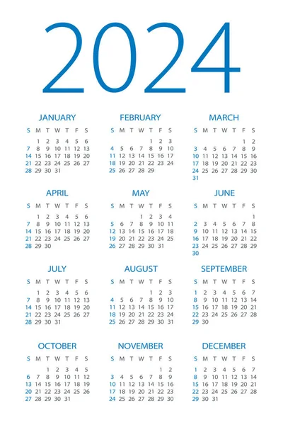 Календар 2024 Ілюстрація Тиждень Починається Неділю — стоковий вектор