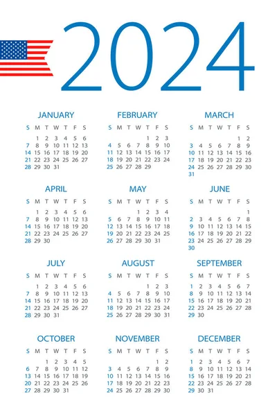 Ημερολόγιο 2024 Εικονογράφηση Αμερικανική Έκδοση Εβδομάδα Αρχίζει Την Κυριακή — Διανυσματικό Αρχείο