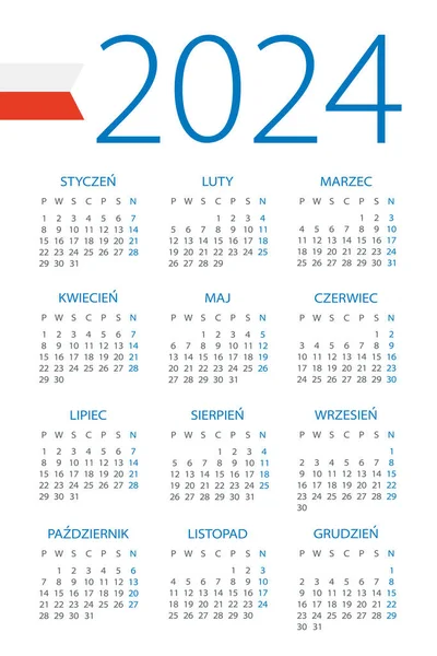 Calendario 2024 Ilustración Versión Polaca Semana Comienza Lunes — Vector de stock