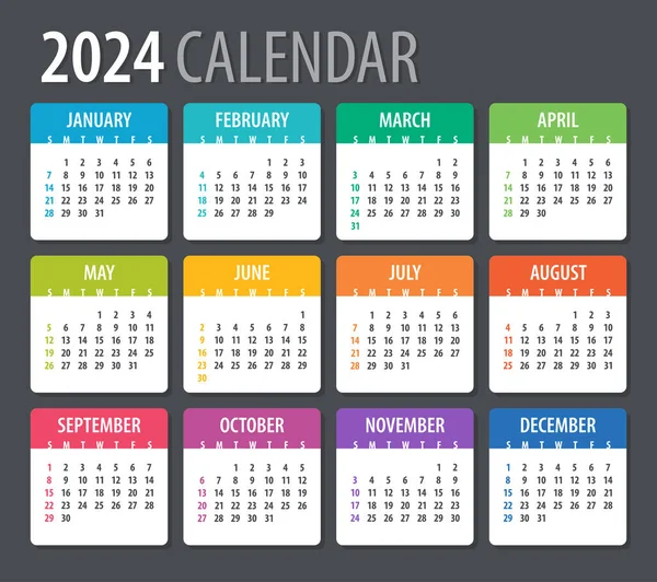 2024 Calendario Ilustración Vectorial Domingo Lunes — Vector de stock