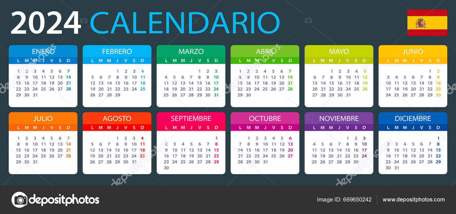 2024 Calendario Ilustración Vectorial Versión Española Vector de stock