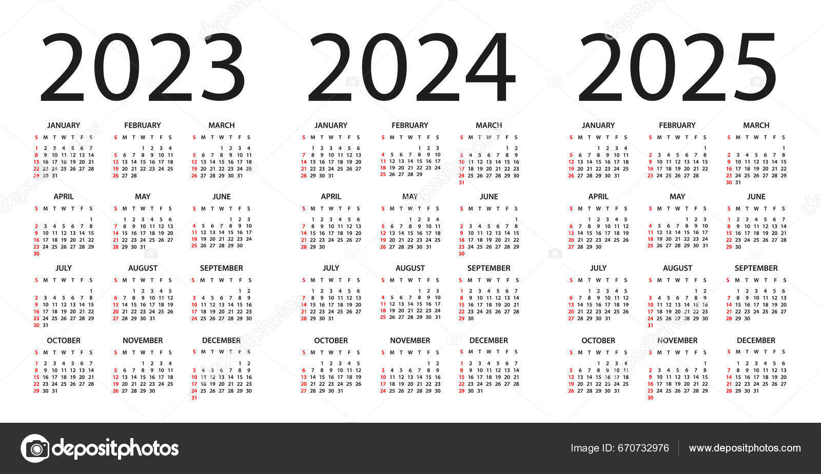 2023年 2024年 2025年 周开始于周日 2023 2024 2025年日历集图库矢量图作者：© dikobrazik 670732976