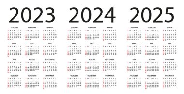 Takvim 2023, 2024, 2025 - illüstrasyon. Hafta pazar günü başlıyor. Takvim 2023, 2024, 2025 için ayarlandı