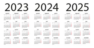 Takvim 2023, 2024, 2025 - illüstrasyon. Hafta pazartesi başlıyor. Takvim 2023, 2024, 2025 için ayarlandı