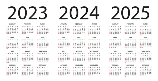 Calendar 2023 2024 2025 Illustration Week Starts Sunday Calendar Set — Stock Vector
