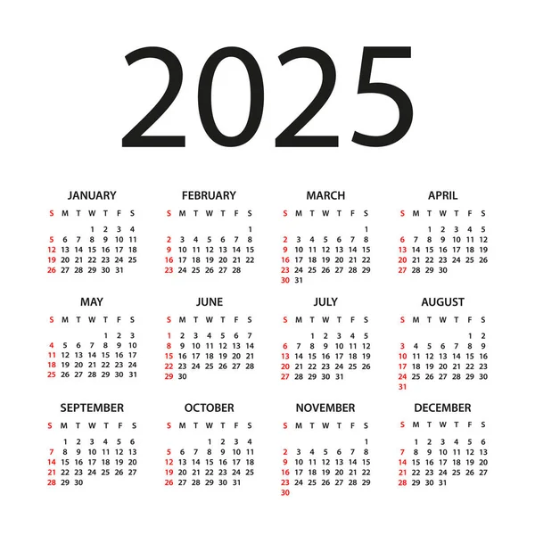 Календар 2025 Ілюстрація Тиждень Починається Неділю Набір Календарів 2025 Рік — стоковий вектор