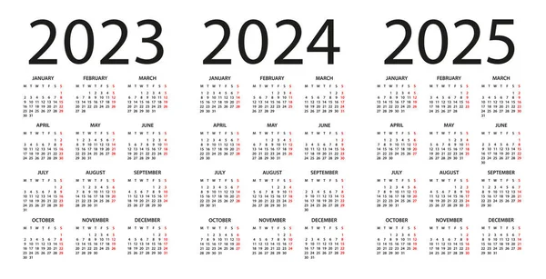 Kalender 2023 2024 2025 Illustratie Week Begint Maandag Kalender Set — Stockvector