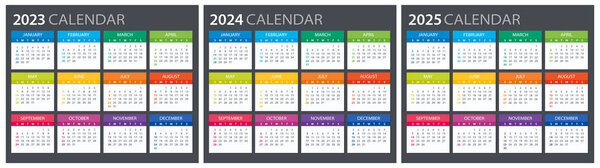 2023, 2024, 2025 Calendar - illustration. Template. Mock up