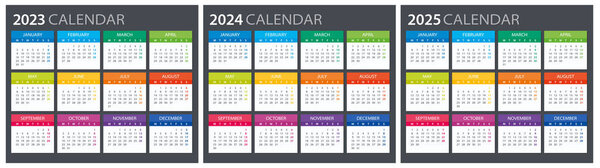 2023, 2024, 2025 Calendar - illustration. Template. Mock up