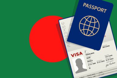 Bangladeş 'e vize ve pasaport. Bangladeş Bayrak Arkaplanı. Vektör