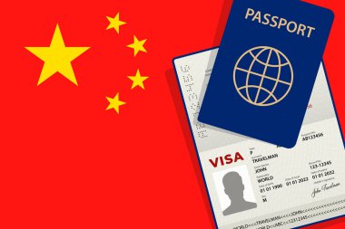 Çin 'e vize ve pasaport. Çin Bayrağı Arkaplanı. Vektör