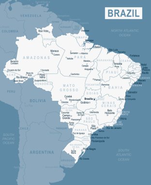Brezilya Haritası. Brezilya Haritasının Detaylı Vektör İllüstrasyonu. Stok Şablonu