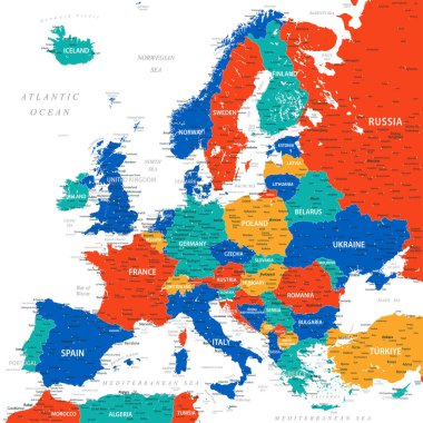 Avrupa - Avrupa 'nın Yüksek Detaylı Vektör Haritası. Yazdırma Posterleri için ideal
