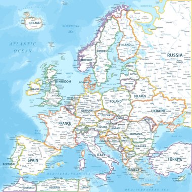 Avrupa - Avrupa 'nın Yüksek Detaylı Vektör Haritası. Yazdırma Posterleri için ideal