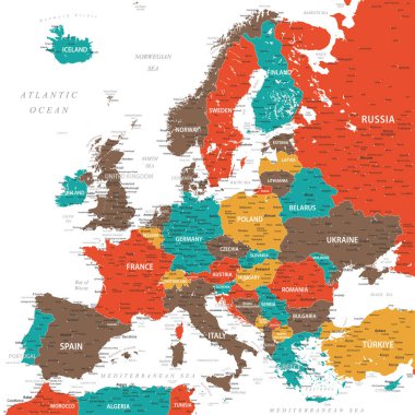 Avrupa - Avrupa 'nın Yüksek Detaylı Vektör Haritası. Yazdırma Posterleri için ideal