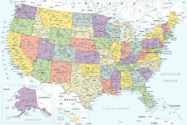 Birleşik Devletler - ABD 'nin Yüksek Detaylı Vektör Haritası. Yazdırma Posterleri için ideal