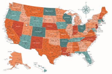 Birleşik Devletler - ABD 'nin Yüksek Detaylı Vektör Haritası. Yazdırma Posterleri için ideal