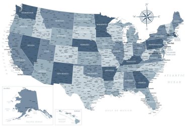 Birleşik Devletler - ABD 'nin Yüksek Detaylı Vektör Haritası. Yazdırma Posterleri için ideal