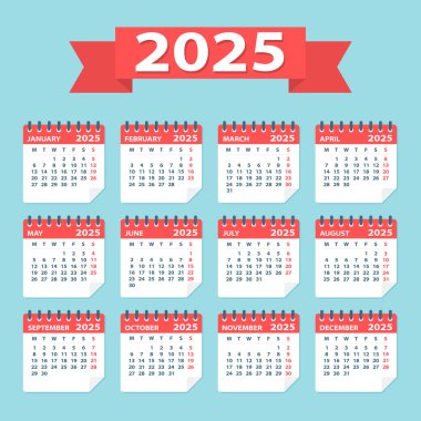 2025 Yıllık Takvim Düz Setten Ayrıldı - Illustration. Tüm ay boyunca