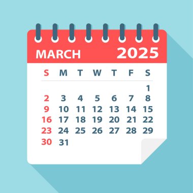 Mart 2025 Takvim Yaprağı - Vektör İllüstrasyonu