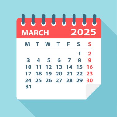 Mart 2025 Takvim Yaprağı - Vektör İllüstrasyonu