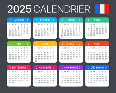 2025 Takvim - vektör şablon grafik illüstrasyonu - Fransızca sürümü