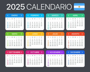 Vector template of color 2025 calendar - Argentinian version