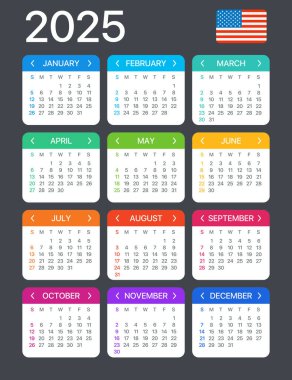 2025 Calendar - vector template graphic illustration - United States version clipart