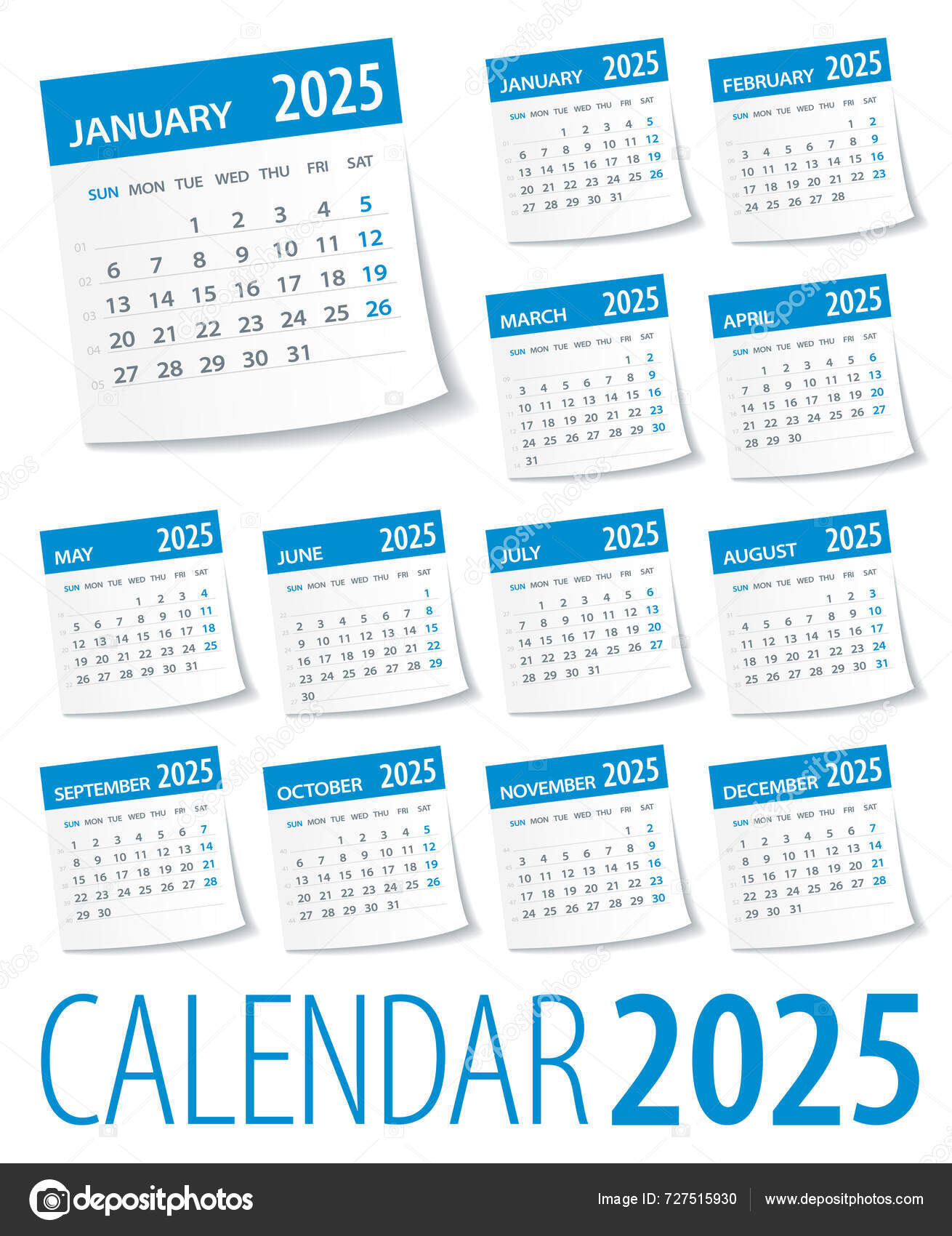 2025 Calendar Leaves Set Week Starts Monday Vector Illustration Stock