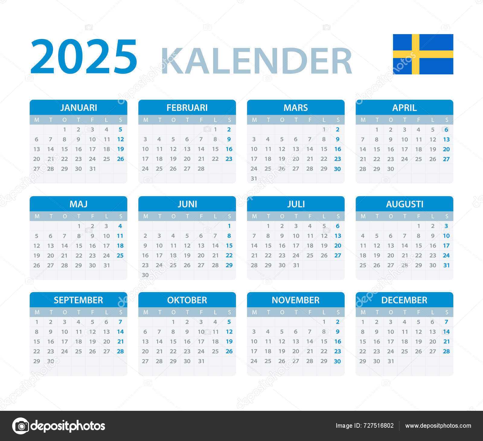 2025 Calendar Vector Template Graphic Illustration Swedish Version