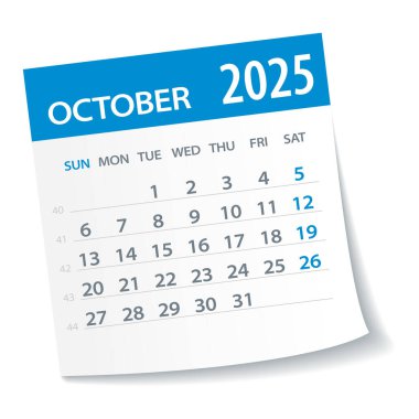 Ekim 2025 Takvim Yaprağı. Hafta pazartesi günü başlıyor. Vektör İllüstrasyonu