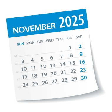 Kasım 2025 Takvim Yaprağı. Hafta pazartesi günü başlıyor. Vektör İllüstrasyonu
