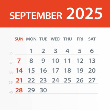 Eylül 2025 Takvim Yaprağı - Vektör İllüstrasyonu