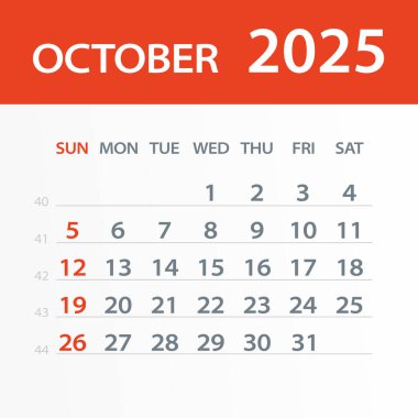 Ekim 2025 Takvim Yaprağı - Vektör İllüstrasyonu