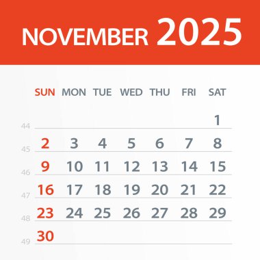 Kasım 2025 Takvim Yaprağı - Vektör İllüstrasyonu