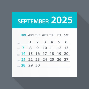 Eylül 2025 Yeşil Yaprak Takvimi - Vektör İllüstrasyonu