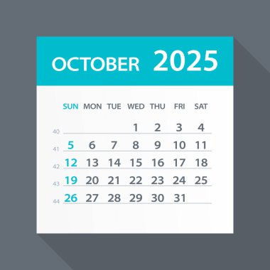 Ekim 2025 Yeşil Yaprak Takvimi - Vektör İllüstrasyonu